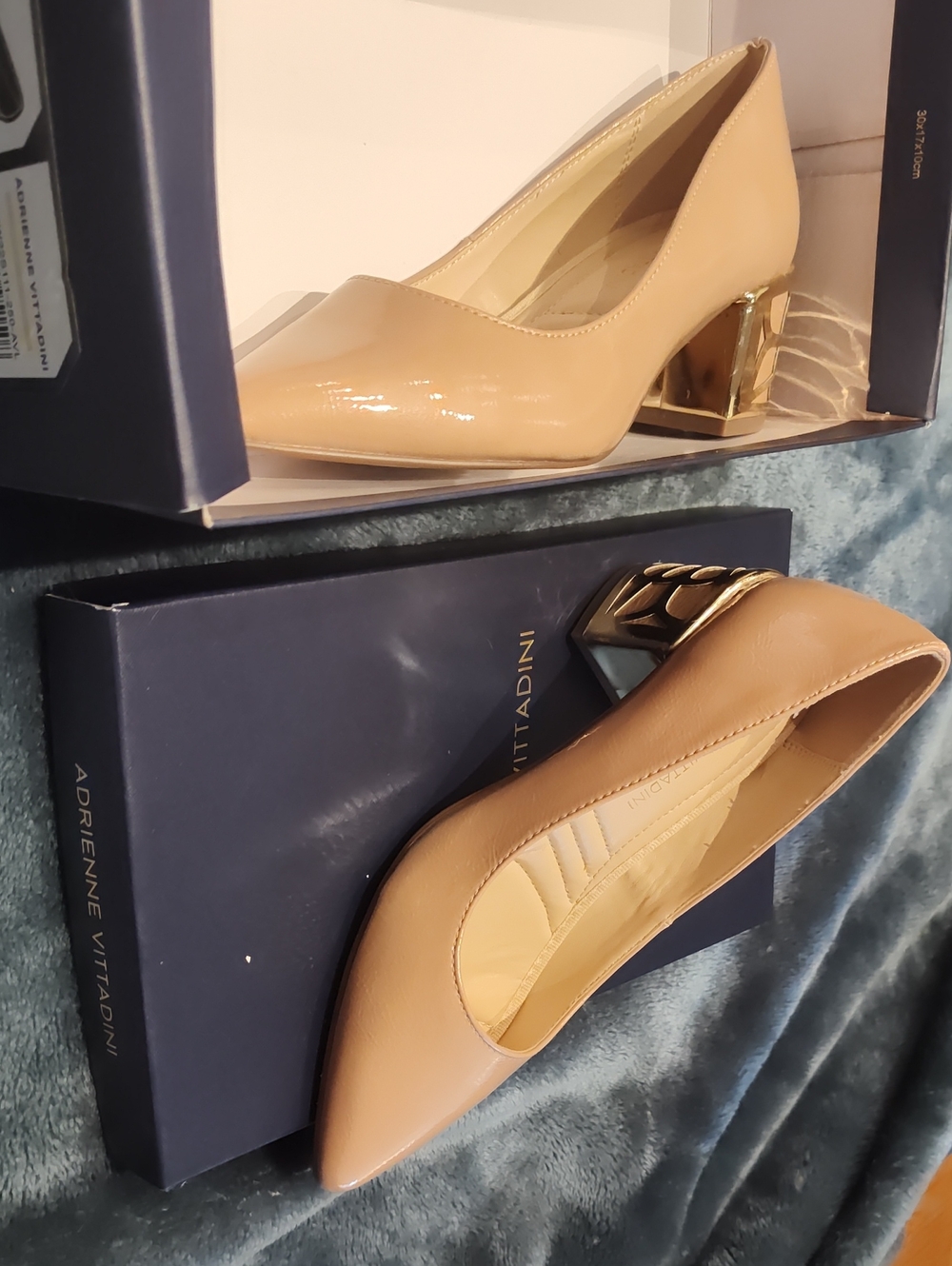 Adrienne Vittadini Beige Patent Pointed Toe Pumps with Gold Accent Heel